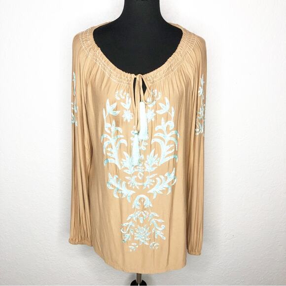 Boston Proper tan brown aqua blue embroidered sequin tunic top size Small - Picture 1 of 16